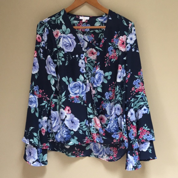 Charming Charlie Tops - Navy Floral Faux Wrap Bell Sleeve Blouse Size M